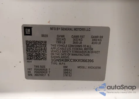 2019 Chevrolet Tahoe Lt z USA, uszkodzony, nr VIN 1GNSKBKCXKR366396